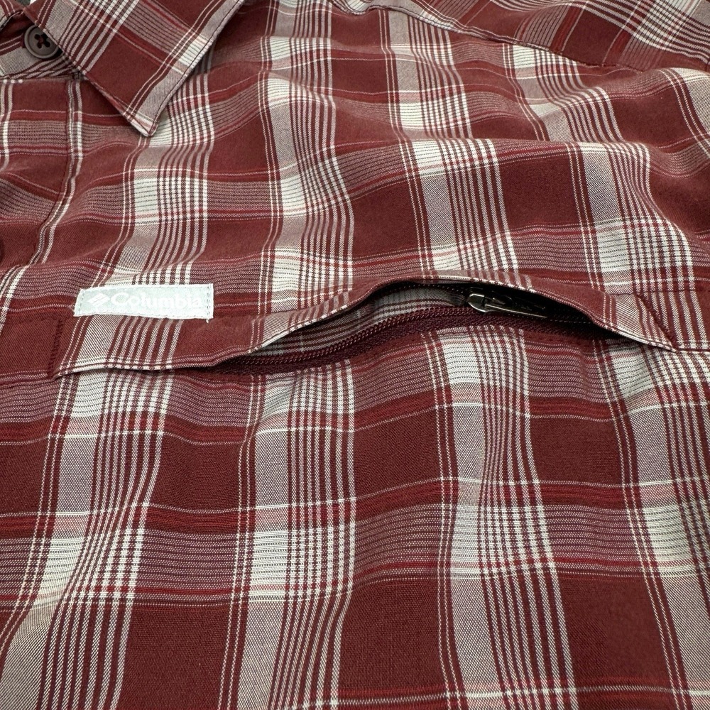 Columbia Men's XL Plaid Shirt Long Sleeve Zip Chest Pocket Maroon Tan Poly Blend - Picture 4 of 10